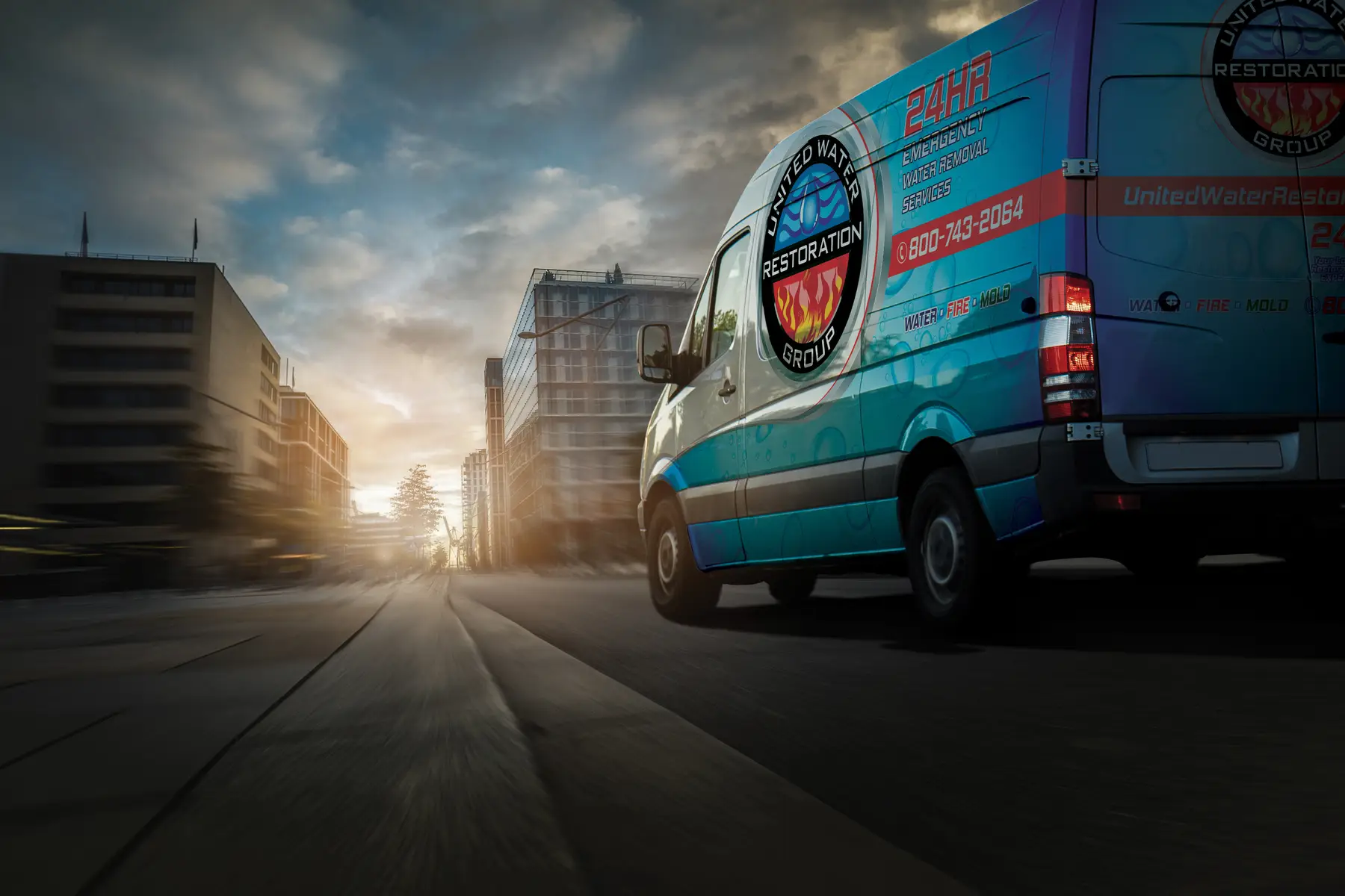 A United Water Restoration van ready in the early morning light